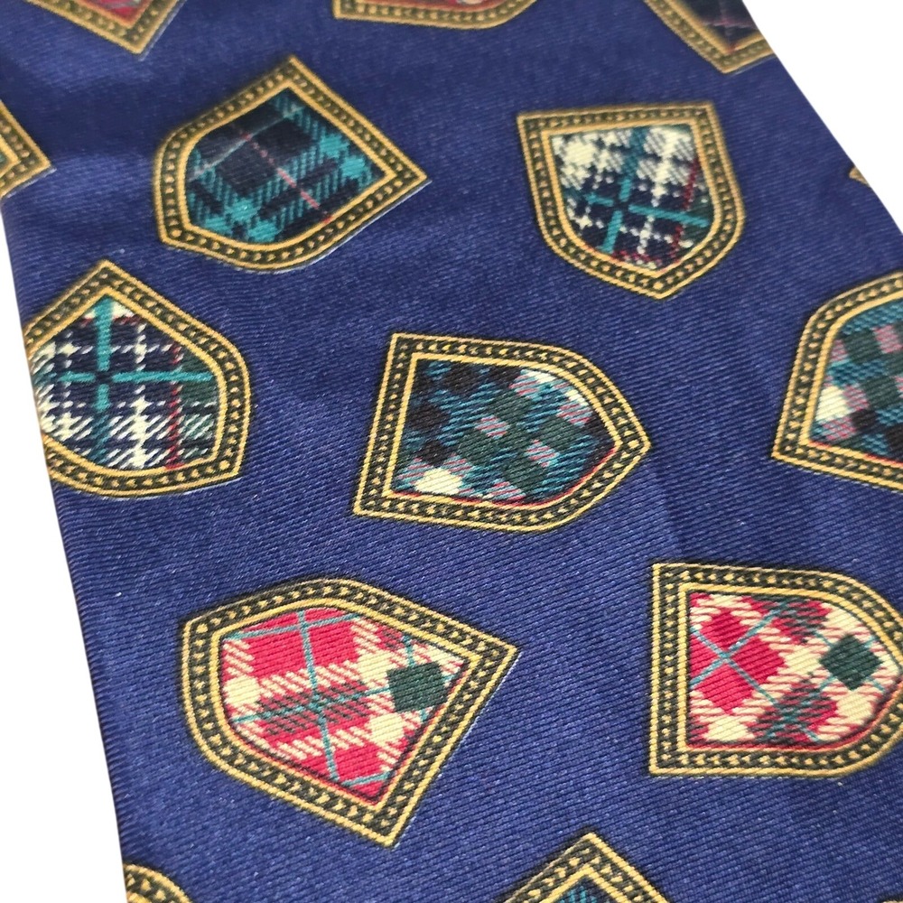 VTG Tommy Hilfiger Silk Tie Navy Blue Plaid Crest Shield 90s Y2K Made in USA - Picture 3 of 6